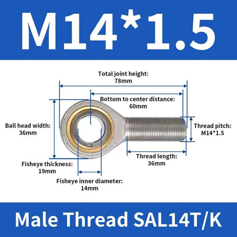 2PC Rugged Male Thread Rod End Bearings SAL14T/K M14x1.5 showing dimensions and threading for precision steering and suspension use.