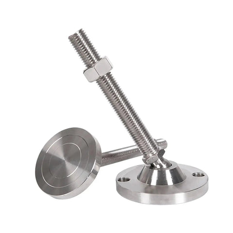 Heavy Duty Adjustable Leveling Feet With Swivel Base Articulating Legs And Furniture Glide Pads Rock Solid Construction Built To Take Any Hit On Uneven Floors No Sweat Setup M12 To M24 Thread Size 2 Pack with stainless steel design and threaded shaft.