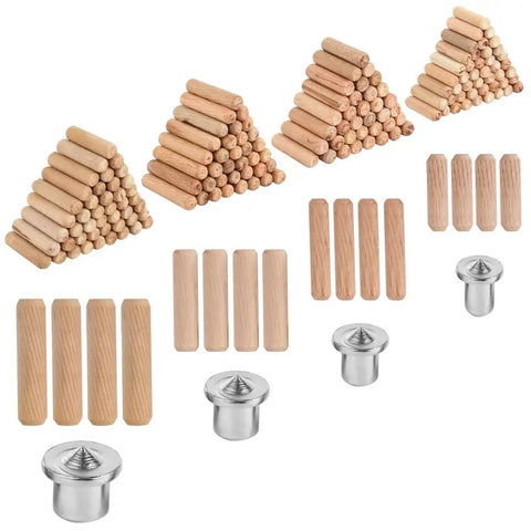 Premium Pro Grade Wood Dowel Set 400 Dowels And 4 Dowel Centers For Woodworking And DIY Projects, various sizes and metal centers displayed