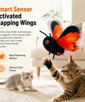 Totally Interactive Cat Butterfly Toy With Sensor Flight And Realistic Wing Motion That Sparks Hunting Instincts, Durable Plush Flapping Butterfly For Solo Indoor Play, Yellow 1pc. Black and orange plush cat butterfly toy flapping near kittens indoors