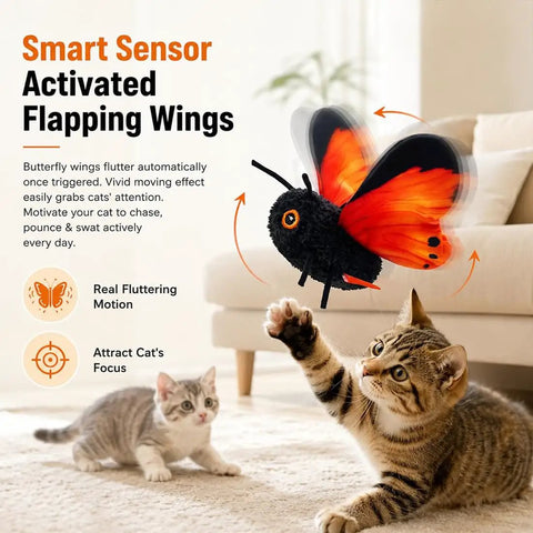 Totally Interactive Cat Butterfly Toy With Sensor Flight And Realistic Wing Motion That Sparks Hunting Instincts, Durable Plush Flapping Butterfly For Solo Indoor Play, Yellow 1pc. Black and orange plush cat butterfly toy flapping near kittens indoors