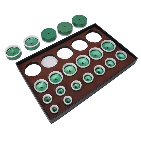 Watch Press Die Set 20 Pcs Kit, green dies for back case closer, displayed in a tray, heavy duty metal and ABS tools