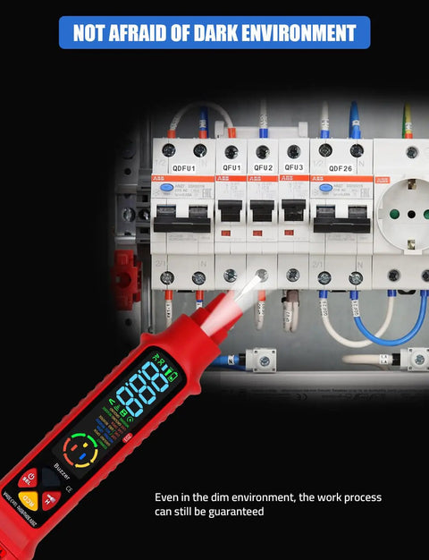 Non Contact Voltage Tester With LCD Display And Bright Flashlight, Dual Range 2 To 440 Volts AC, in use at electrical panel