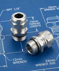 Two Pack 1/2 Inch NPT Stainless Steel Waterproof Cable Glands IP68 Rated Adjustable 6-12mm Cable Connectors on blueprint background