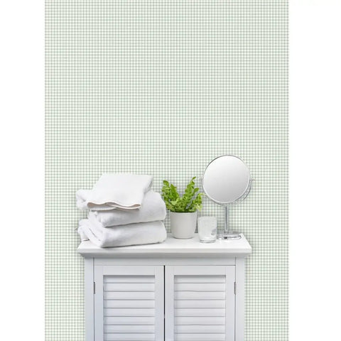 Badass Country Sage Green Matte Linen Wallcovering Pvc Free Heavy Duty Covering in a bathroom setting with towels and plant.