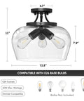 3-Bulb Industrial Style Semi Flush Mount Ceiling Light With Clear Glass Shade, Matte Black Fixture, E26 Base, 13.8 Inch, ETL Listed