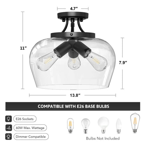 3-Bulb Industrial Style Semi Flush Mount Ceiling Light With Clear Glass Shade, Matte Black Fixture, E26 Base, 13.8 Inch, ETL Listed