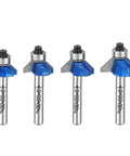 Front view of MNA 4-piece blue 45° chamfer router bit set with 1/4 in shanks; diameters 1/4, 5/16, 3/8, 1/2 in