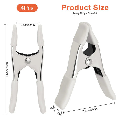 Beastly Grip Heavy Duty 4 Inch Spring Clamps with white sleeves; detailed size dimensions shown in millimeters and inches.