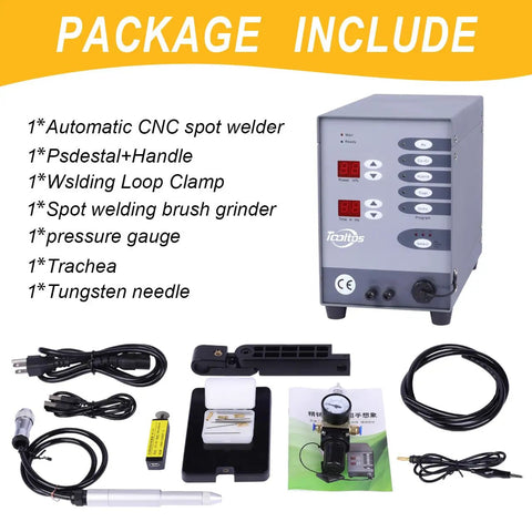 Pro Grade CNC Pulse Argon Arc TIG Jewelry Spot Welder package contents, including welder, cables, and accessories