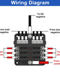 Wiring diagram for Six Way Fuse Block Panel For 12V And 24V DC Systems with LED Indicator, showing connection points.