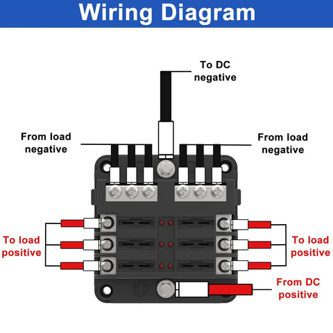Wiring diagram for Six Way Fuse Block Panel For 12V And 24V DC Systems with LED Indicator, showing connection points.