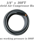 Lightweight Hybrid Air Compressor Hose One Quarter Inch By Thirty Feet With Flex Friendly Bend Restrictors and Thirteen Piece Accessory Kit For No Sweat Weekend Builds And 300 Psi Pneumatic Setup.