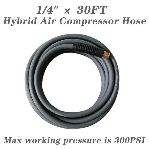 Lightweight Hybrid Air Compressor Hose One Quarter Inch By Thirty Feet With Flex Friendly Bend Restrictors and Thirteen Piece Accessory Kit For No Sweat Weekend Builds And 300 Psi Pneumatic Setup.
