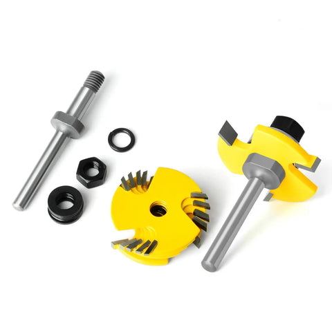 Hella Sturdy Six Piece Slot Cutter Router Bit Set With One Quarter Inch Shank For Precision Woodworking Grooves includes sharp yellow cutters.
