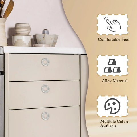 Two Pack Silver Ring Drawer Pulls For Cabinets And Furniture, installed on kitchen drawers, highlighting its sleek design.