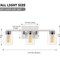 Three Light Brushed Nickel Vanity Light Fixture With Crystal Glass Shades Dimmable LED, dimensions displayed