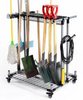 Mobile Garden Tool Organizer Metal Garage Storage Holder For Long Tools Heavy Duty Yard Rack With Rolling Casters And Sturdy Tool Cart Ideal For Rakes Shovels Hoes And Long Garden Tools shown with various tools like shovels and a mop.