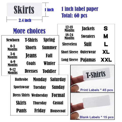 Label options for Pearl White Large Rectangular Closet Dividers Set With 16 Clothing Rack Size Dividers, 60 Labels And 16 Blank Labels