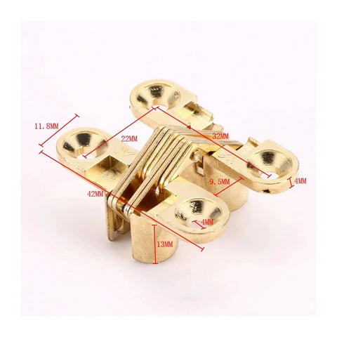 Four Pack Hidden Concealed Barrel Cross Door Hinges With Built In Bearing For Smooth Opening, Gold finish dimensions shown