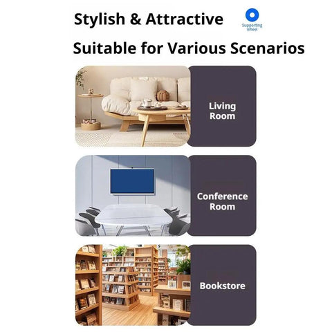 Image showing three environments: a living room with cozy seating, a conference room with a table, and a bookstore with shelves.