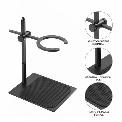 Adjustable Pour Over Coffee Stand Built From Premium Wood And Rock Solid Alloy Fits Travel Mugs Carafes with adjustable height.