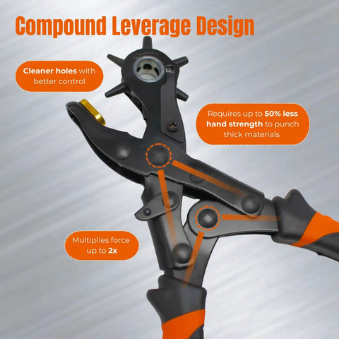 Heavy Duty Revolving Hole Punch Kit With Six Size Heads Steel Ruler And File displays compound leverage design