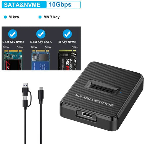 M2 NVMe And SATA To USB C Docking Station Including USB A Reader Adapter; image showing compact SSD enclosure with USB cables.