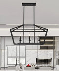 Three Light Black Farmhouse Pendant Chandelier For Dining Room Over Table Industrial Linear Lantern Lighting Fixture For Kitchen Island Dimmable With E12 Bulbs Not Included in a modern kitchen setting