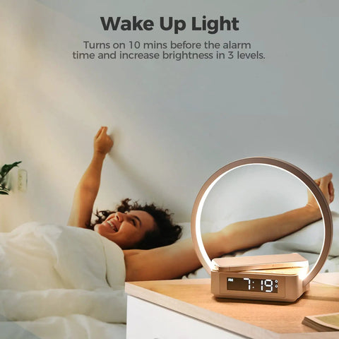 All In One Touch Desk Lamp With Alarm Clock Qi Wireless Charger And Wake Up Light Three Hue Settings Eye Caring LED on nightstand