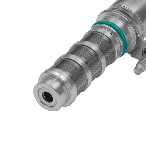 Close-up of Camshaft Position Actuator VVT Solenoid for 2.0L and 2.5L Chevy Malibu showing metallic structure and high-temp seals.