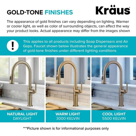 Comparison of Kraus gold-tone faucets under daylight, warm light, and cool light settings showing color variations.