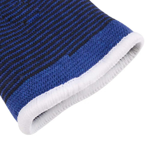 Close-up of blue knitted Kids Compression Ankle Sleeve For Sprains And Tendonitis Knitted Ankle Brace with a white trim.