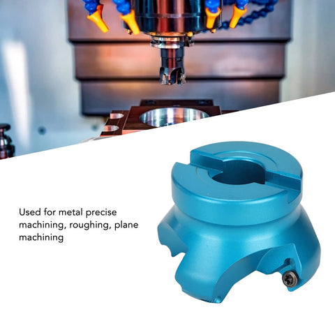 CNC face mill head (blue aluminum alloy) with four-flute cutter and clamp screw; metal machining accessory