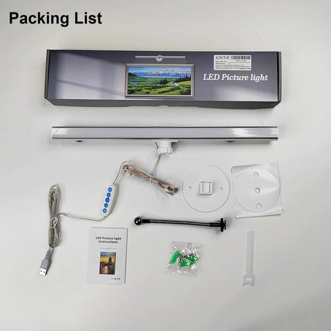Dimmable Picture Light For Artwork 3200K To 6500K, 10 Watt USB Powered LED Display Light components and packaging.