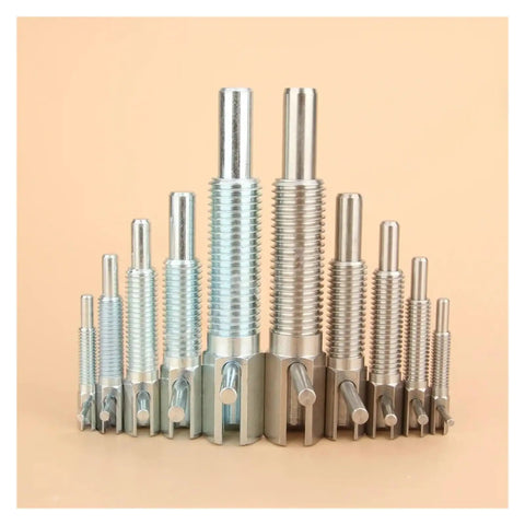 Heavy Duty Retractable Index Plunger Bolt With A Slick L Handle And Rock Solid Lock Design For Long Stroke Machine Tools Offering Smooth Pull And Zero Play, displayed in a range of sizes.