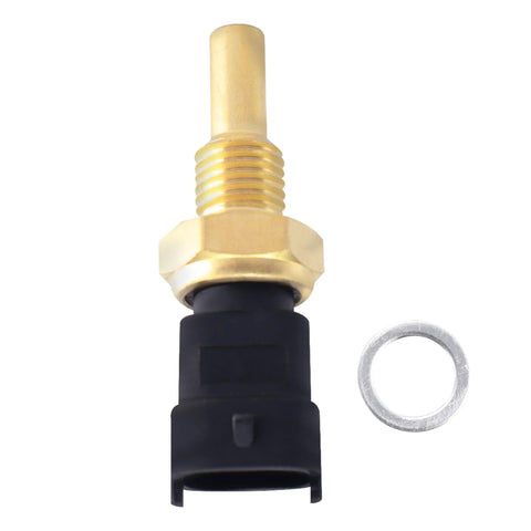 HiSport 213-4777 coolant temperature sensor, front view; brass threaded body, black plastic connector, washer