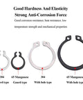 External Retaining C Clip Rings Set In 304 Stainless Steel 100 Piece Pack For Bearings And Machinery Fits 6 7 8 9 10mm Beefy Durable Circlip Snap Rings Great For Home Improvement Projects And Industrial Applications. Image shows different sizes and types of retaining rings made from 304 stainless steel and manganese steel, including gourd and hole types.