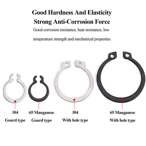 External Retaining C Clip Rings Set In 304 Stainless Steel 100 Piece Pack For Bearings And Machinery Fits 6 7 8 9 10mm Beefy Durable Circlip Snap Rings Great For Home Improvement Projects And Industrial Applications. Image shows different sizes and types of retaining rings made from 304 stainless steel and manganese steel, including gourd and hole types.