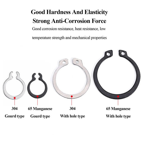 Solid 5-Piece Heavy Duty External Retaining Rings For Bearings And Gears Made From Tough 65Mn Steel With Black Plating To Resist High Temps And Rust Perfect For Cars And Auto Motors; display of various retaining rings.