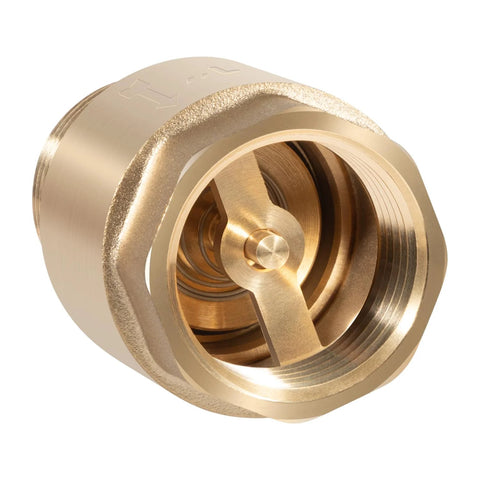 Brass one-way check valve, 1 in NPT male in / 1 in FNPT out, front view with plunger