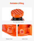 Orange hydraulic bottle jack with textured grid-top cap; front view showing release and safety valves.