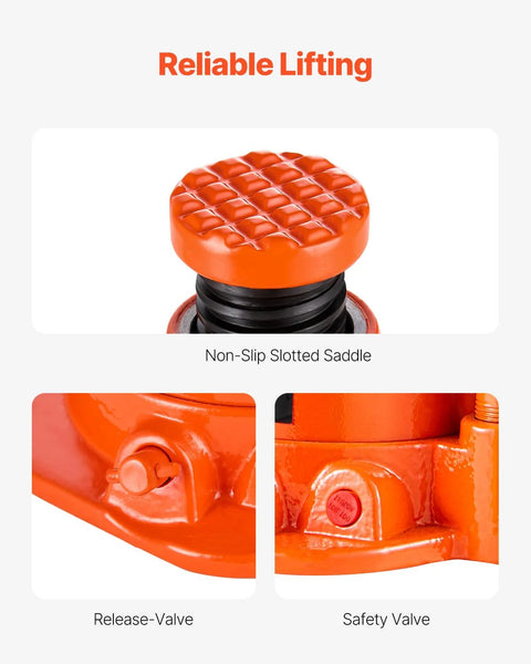 Orange hydraulic bottle jack with textured grid-top cap; front view showing release and safety valves.