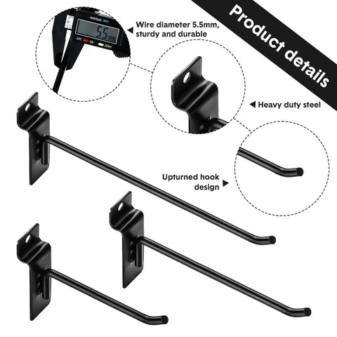 Heavy Duty Slatwall Hooks 24 Pack Set For Garage Shed And Workshop Metal Wall Hangers In 4 6 And 8 Inch Sizes For Slat Wall Panels Tools Organization Durable Black Finish