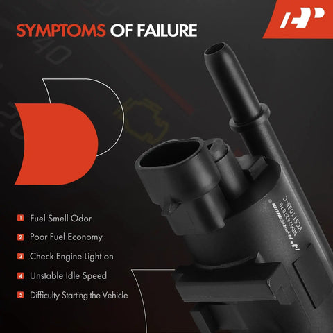 Image of Vapor Canister Purge Solenoid Valve with text about failure symptoms for GM models like Chevrolet Camaro, TrailBlazer, Cadillac CTS.