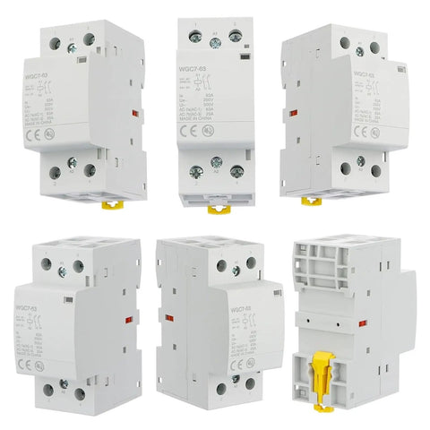 Heavy Duty 63A Two Pole Din Rail Contactor With 24V Ac Dc Coil, six units showing wiring terminals and compact design.