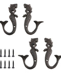 Hella Sturdy Mermaid Cast Iron Hooks, Rustic Black Wall Plant Hangers For Cozy Spaces with mounting screws displayed.