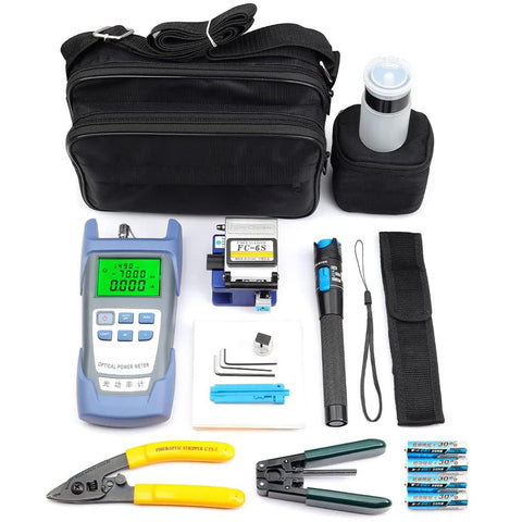 FC-6S FTTH fiber optic tool kit with carrying bag, visual fault locator, cleaver, power meter, tester, stripper.