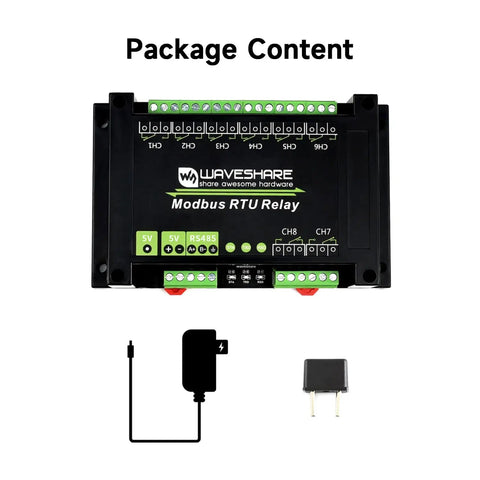 Rugged Modbus RTU 8 Channel Relay Module With RS485 Interface And ABS Enclosure, shown with power adapter and plug.