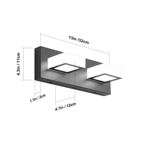 Two Lights Black Modern Bathroom Vanity Light With Acrylic LED Wall Fixture dimensions view